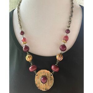 Statement Pendant Necklace Burgundy Beads Gold Tone Textured Medallion 24"